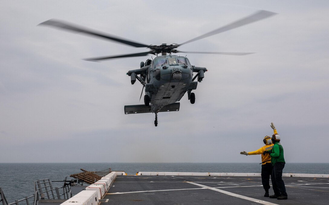 ATLANTIC OCEAN (Sept. 14, 2022) A MH-60 Sea Hawk helicopter pilot takes-off during flight operations onboard the amphibious transport dock ship USS Mesa Verde (LPD 19), Sept. 14, 2022.