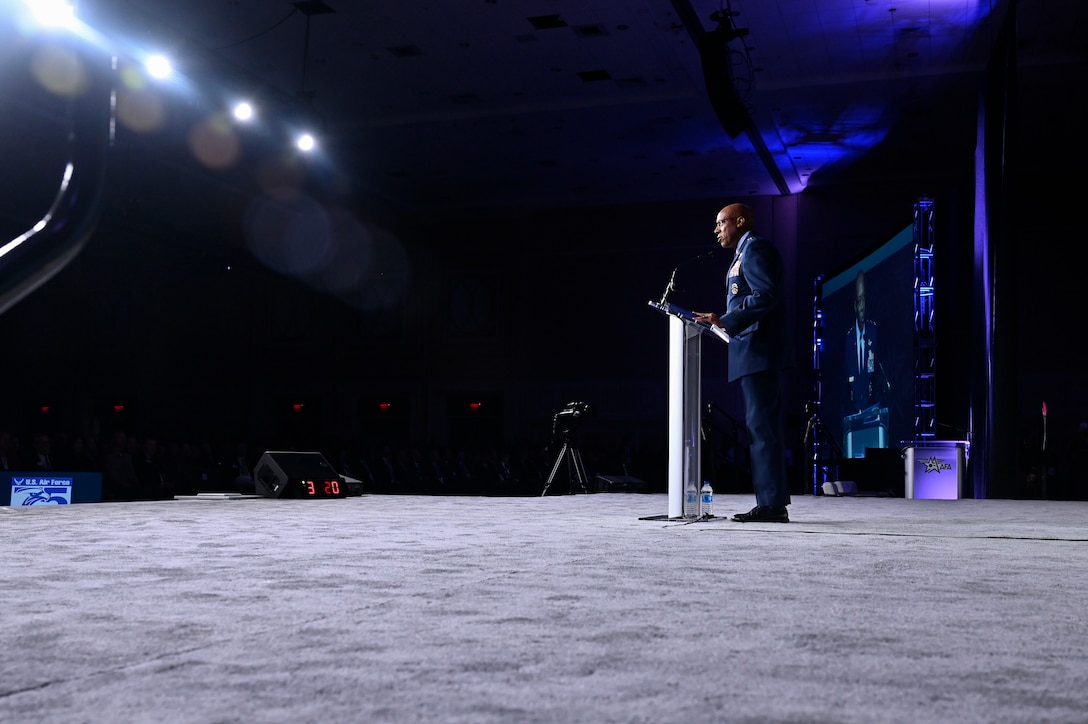 Air Force Chief of Staff Gen. CQ Brown, Jr. delivers a keynote address on the state of the Air Force during the 2022 Air and Space Forces Association’s Air, Space and Cyber Conference in National Harbor, Md., Sept. 19, 2022. (U.S. Air Force photo by Eric Dietrich)