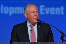 Secretary of the Air Force Frank Kendall speaks at the 2022 Air and Space Forces Association’s Air, Space & Cyber Conference in National Harbor, Md., Sept. 19, 2022. The conference is a professional development seminar that offers the opportunity for Department of Defense personnel to participate in forums, speeches and workshops. (U.S. Air Force photo by Wayne Clark)