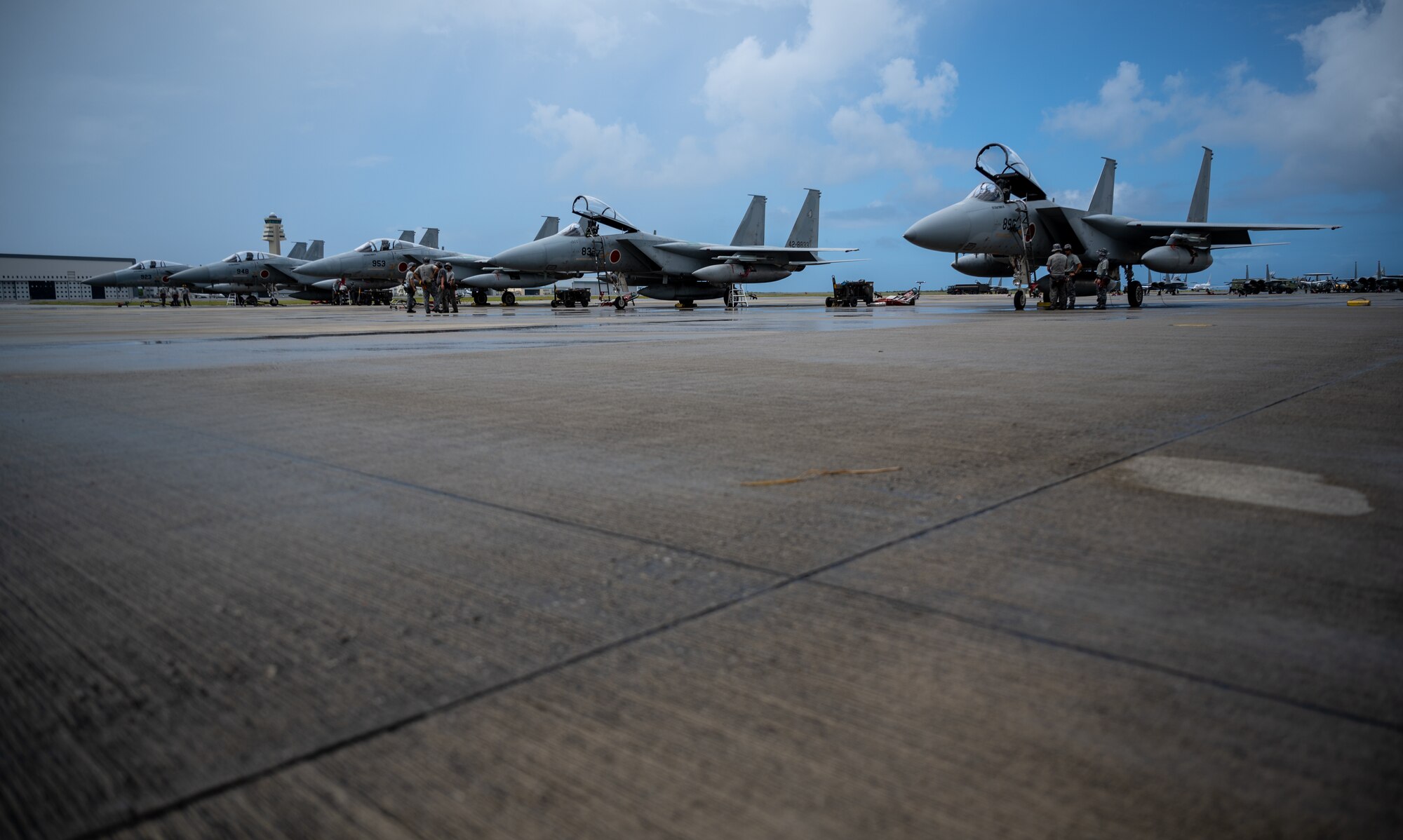 Japan Air Self-Defense Force F-15s are prepped for take-off in support of Exercise Southern Beach at Naha Air Base, Japan, Sept. 16, 2022. Exercises like Southern Beach allow U.S. and Japanese Airmen to routinely train together to enhance bilateral interoperability in support of the defense of Japan while securing a free and open Indo-Pacific region. (U.S. Air Force photo by Senior Airman Stephen Pulter)