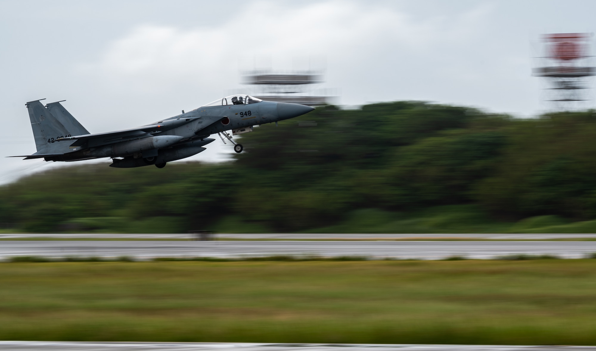 A Japan Air Self-Defense Force F-15J takes off in support of Exercise Southern Beach at Naha Air Base, Japan, Sept. 16, 2022. Exercise Southern Beach is a locally organized bilateral training exercise that enhances interoperability with the opportunity for 18th Wing and Japan Air Self-Defense Force units to practice mission planning, flying and debriefing together. (U.S. Air Force photo by Senior Airman Stephen Pulter)
