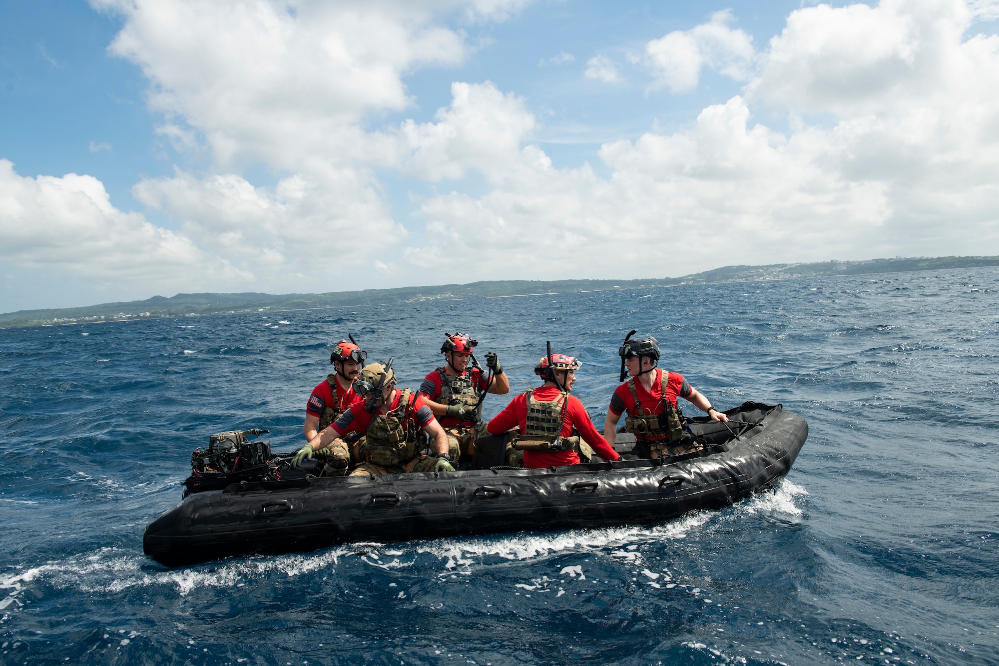 U.S. Air Force pararescuemen assigned to the 31st Rescue Squadron operate a combat rubber raiding craft during an amphibious search and rescue training in the Pacific Ocean, Sept. 13, 2022. PJ’s are trained, equipped and postured to conduct full spectrum personnel recovery operations in both peacetime and combat environments. (U.S. Air Force photo by Senior Airman Jessi Roth)