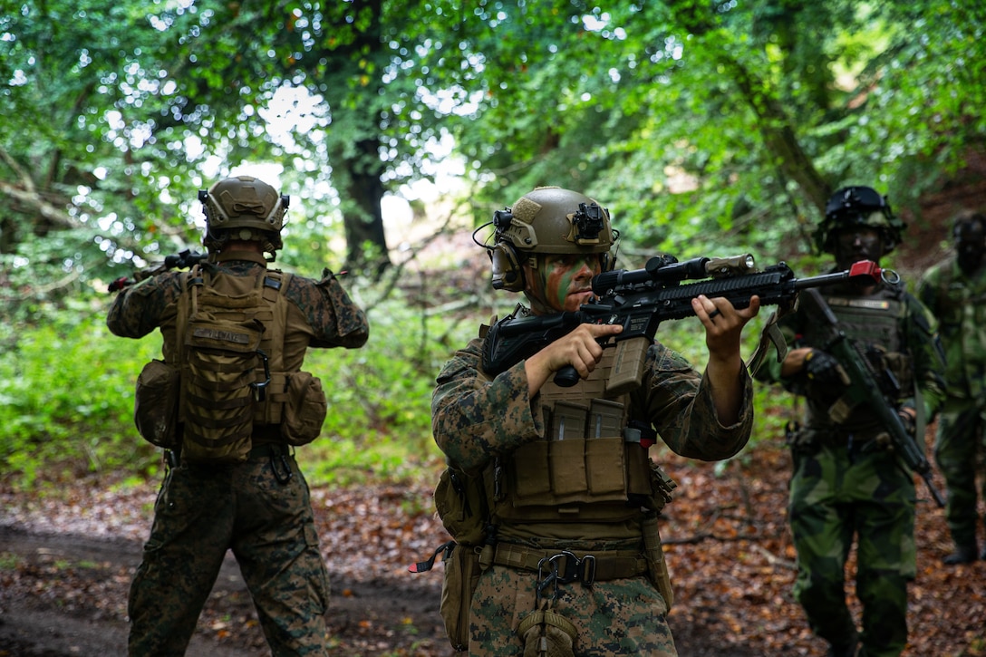 Armed service members with camouflage-painted faces stand at-the-ready in a forest environment.