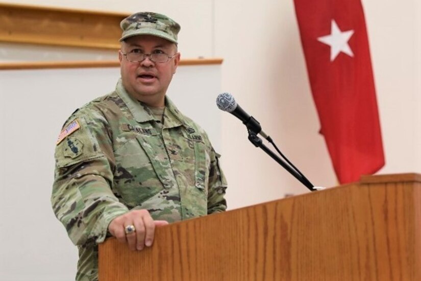 Col. Angelo Catalano, outgoing commander of the 213th Regional Support Group, delivers remarks during the 213th RSG’s change of command ceremony at Fort Indiantown Gap Sept. 18, 2022.