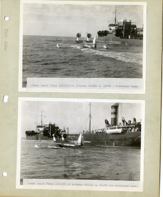 "Coast Guard Plane ANTARES [General Aviation PJ FLB] ANTARES at steamer SAMUEL Q. BROWN -- stretcher case."