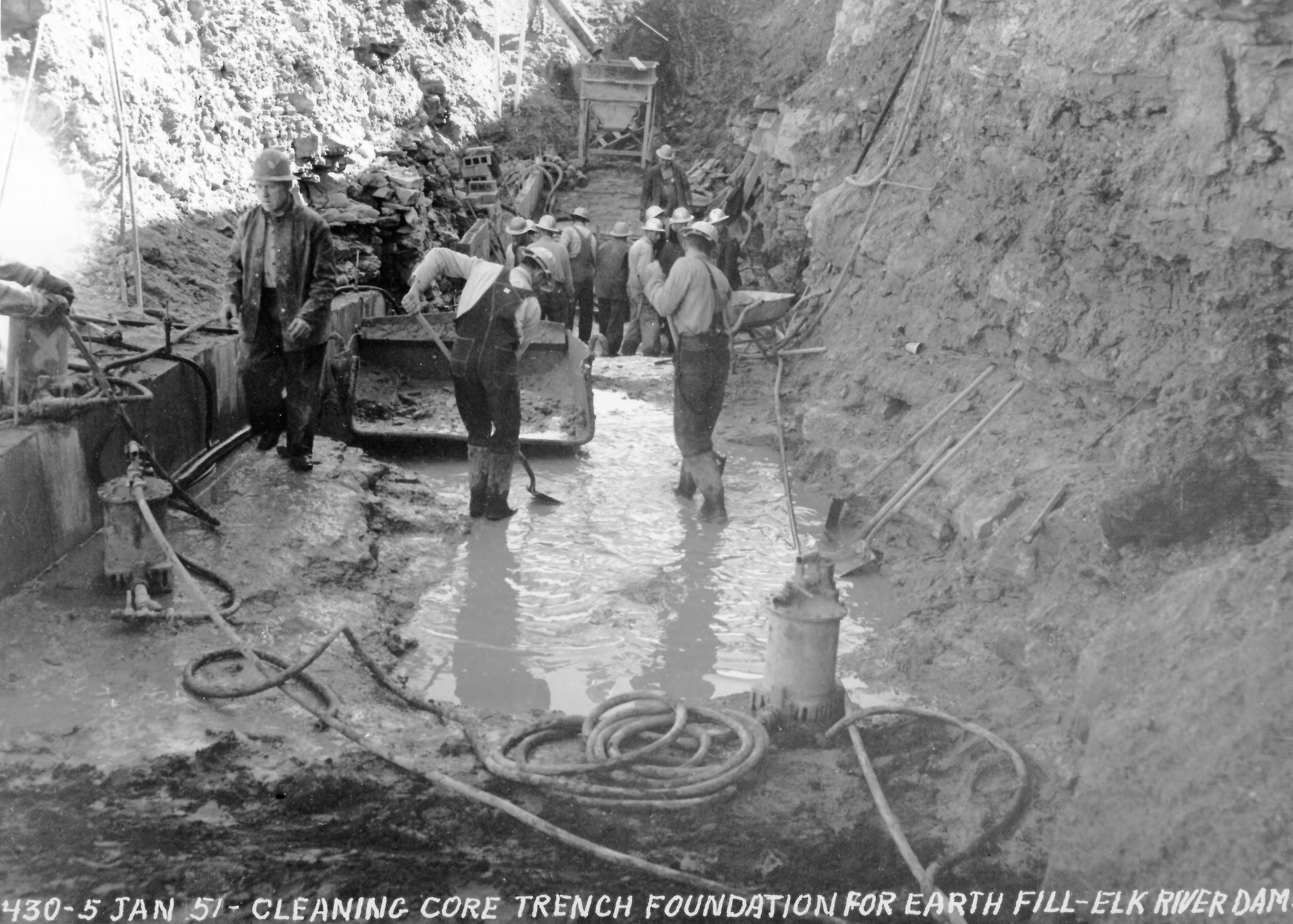 Crews work to clear a trench in January 1951 as part of the Elk River Dam project. The dam, constructed to create Woods Reservoir, was completed 70 years ago this month. Woods Reservoir has since supplied cooling water to the test facilities at Arnold Air Force Base, Tennessee. Arnold AFB is the headquarters of the Arnold Engineering Development Complex. (U.S. Air Force photo)