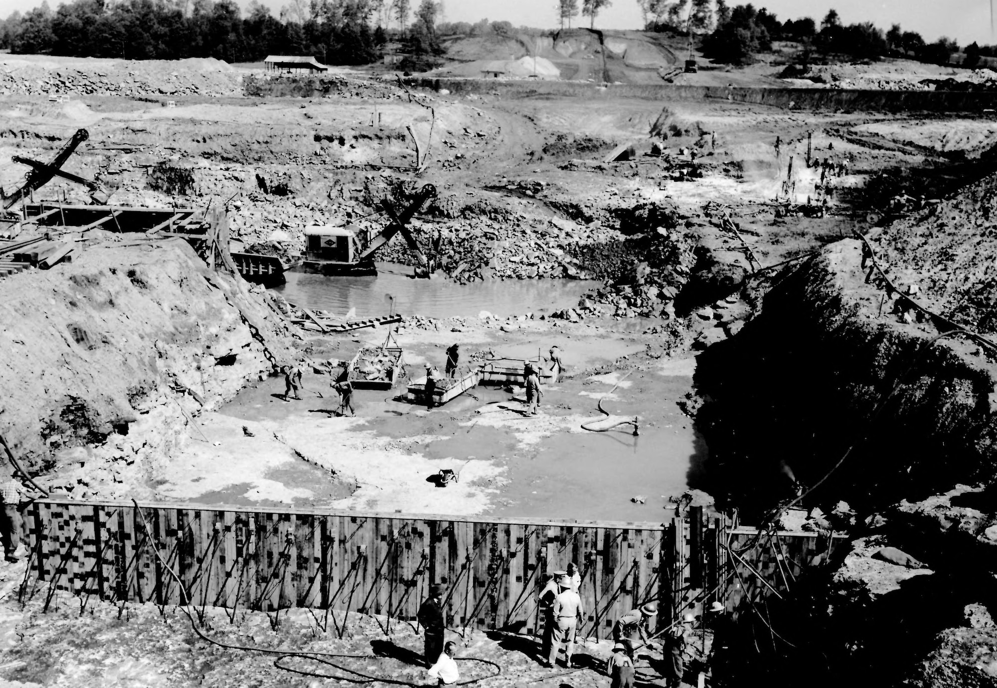 Progress on the spillway section of the Elk River Dam is seen in this photo from May 1951. Construction of the dam, built to create Woods Reservoir, was completed 70 years ago this month. Since that time, Woods Reservoir has supplied cooling water to the test facilities at Arnold Air Force Base, Tennessee. Arnold AFB is the headquarters of the Arnold Engineering Development Complex. (U.S. Air Force photo)