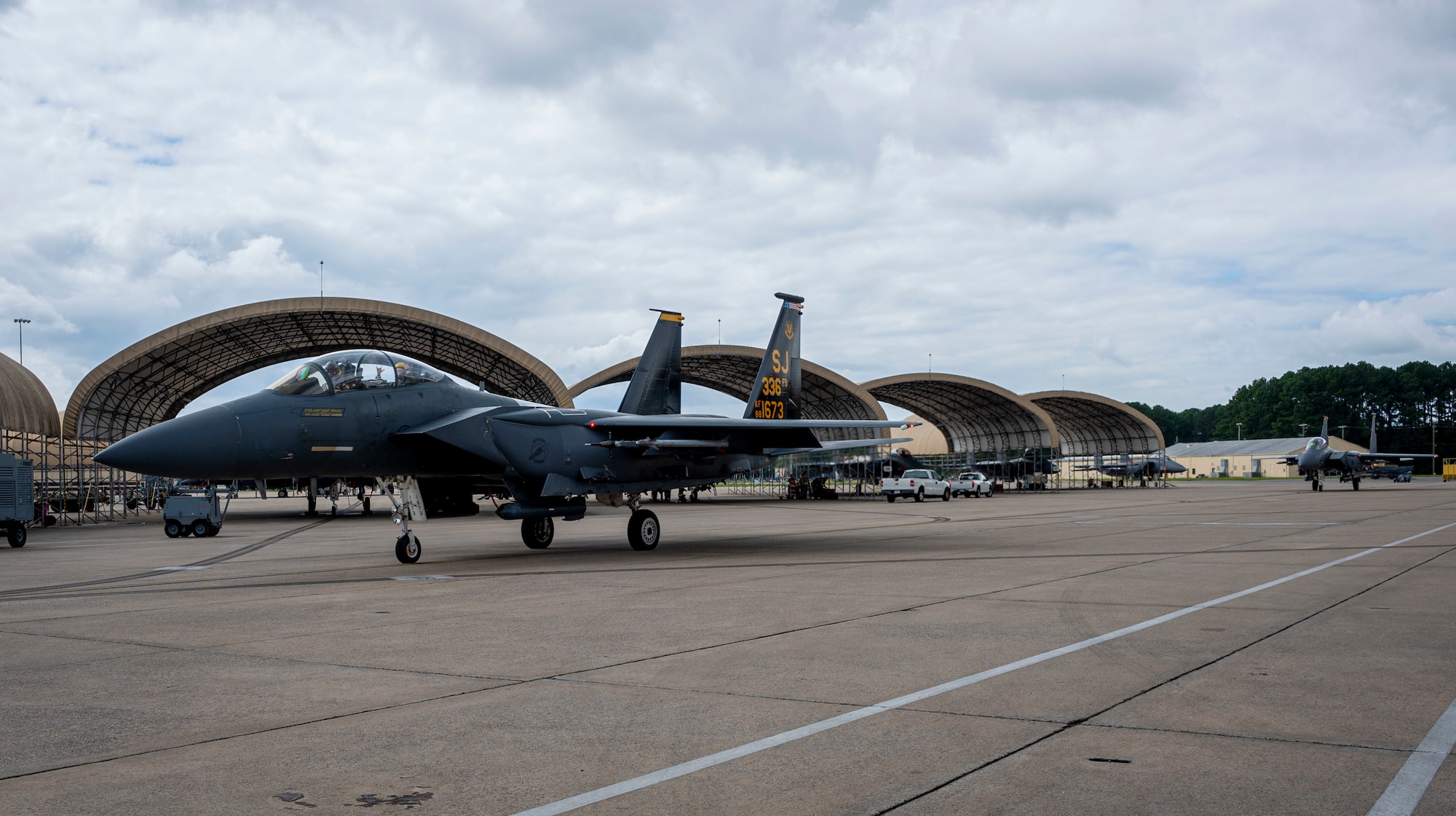 An F-15E Strike Eagle assigned to the 4th Fighter Wing prepares to take off at Seymour Johnson Air Force Base, North Carolina, Sept. 8, 2022. The 4th FW is home to 94 F-15E Strike Eagle aircraft that are assigned to two operational and two training fighter squadrons. (U.S. Air Force photo by Airman 1st Class Sabrina Fuller)
