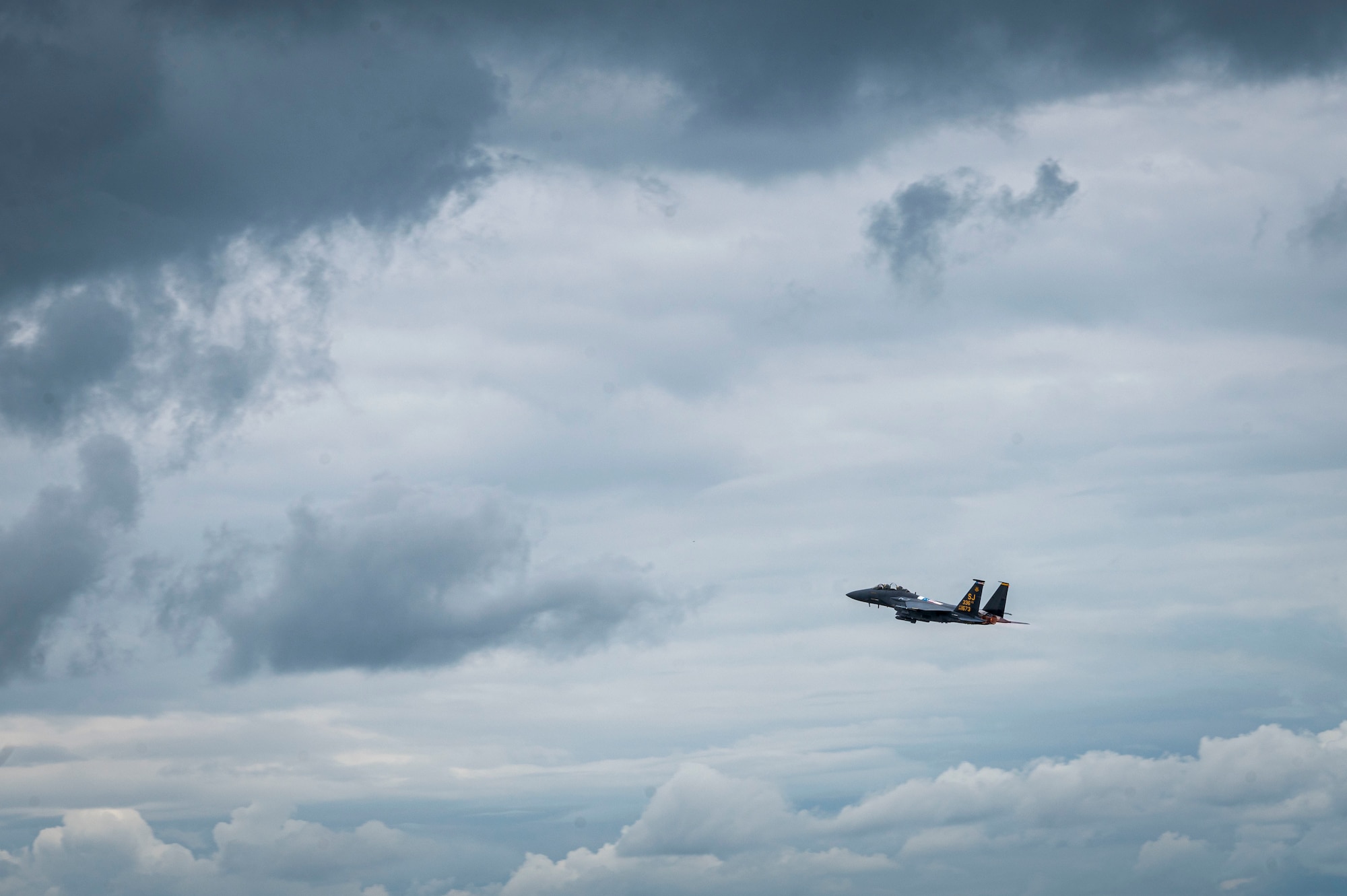 An F-15E Strike Eagle assigned to the 4th Fighter Wing takes off at Seymour Johnson Air Force Base, North Carolina, Sept. 8, 2022. The F-15E has the capability to fight its way to a target over long ranges, destroy enemy ground positions and support airpower missions. (U.S. Air Force photo by Airman 1st Class Sabrina Fuller)