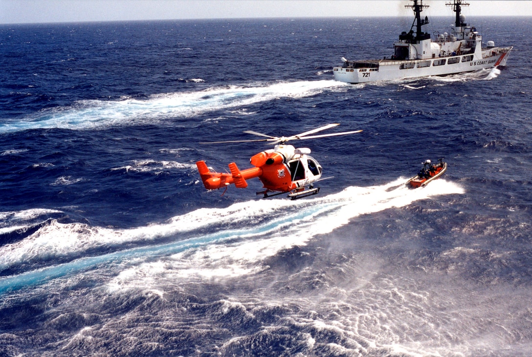 new MH90 Enforcer helicopter along with its Over-the-Horizon Rigid Hull Inflatable Boat (OTH RIB) which is specifically designed to encounter the "go-fast" drug smuggling boat.