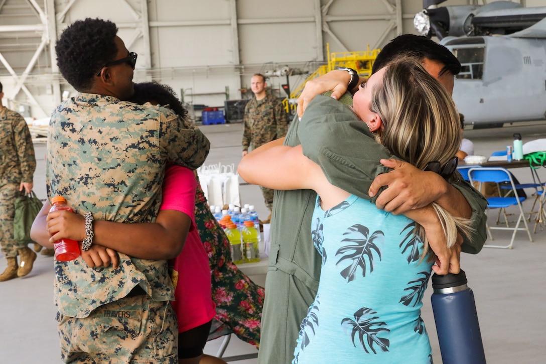 U.S. Marines with Marine Medium Tiltrotor Squadron 268 are greeted by their family members during the VMM-268 homecoming, Marine Corps Air Station Kaneohe Bay, Marine Corps Base Hawaii, Sept. 17, 2022. VMM-268 conducted a six day Trans-Pacific flight, concluding a six month long deployment, in support of the Marine Rotational Force-Darwin retrograde back to Hawaii. (U.S. Marine Corps photo by Lance Cpl. Chandler Stacy)