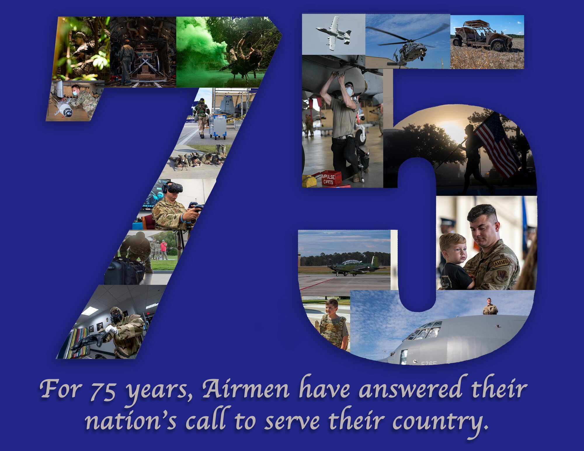 For 75 years, Airmen have answered their nation's call to serve their country. Graphic depicts various images in the shape of a 75.