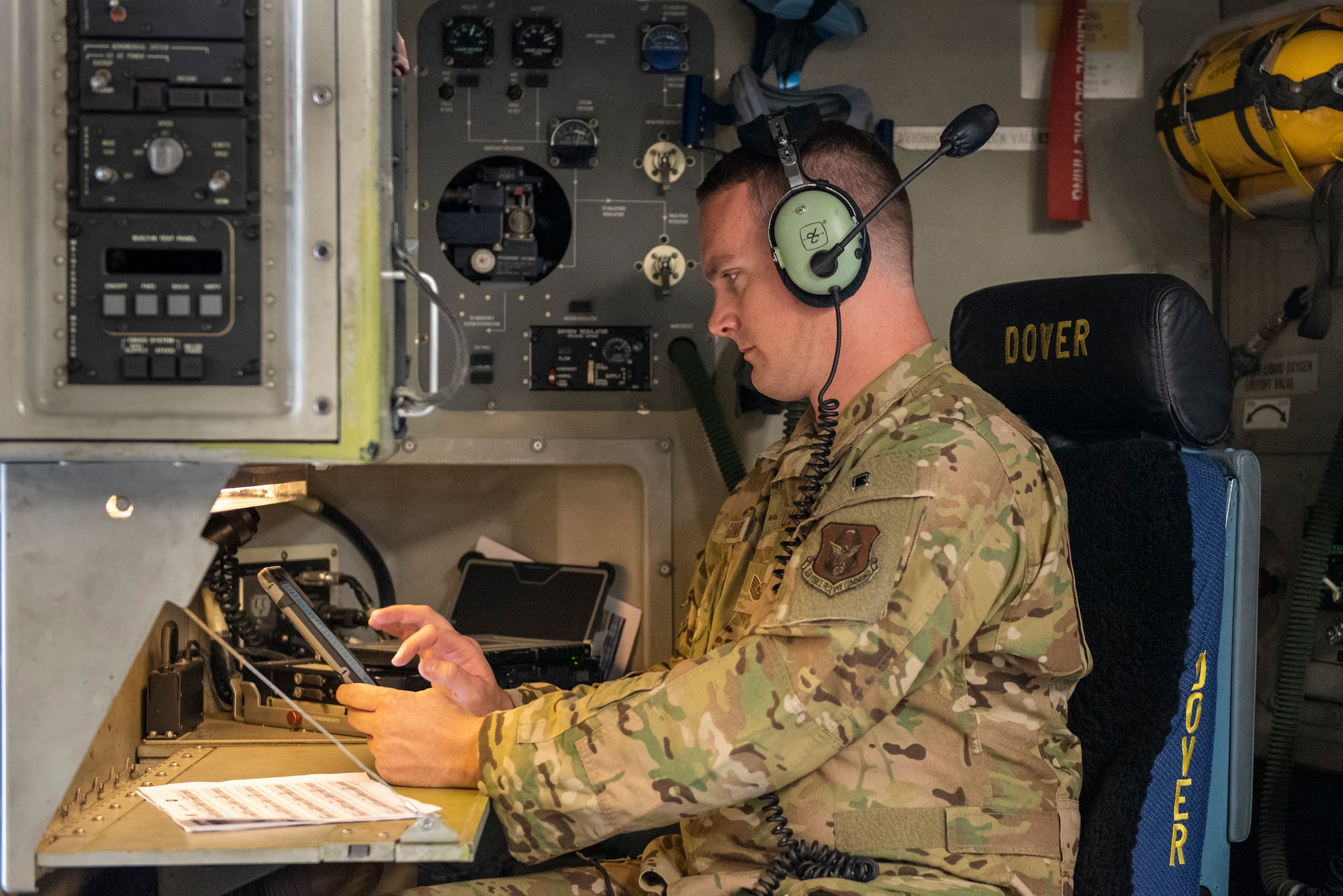 U.S. Air Force Tech. Sgt. Brian Gorman, 326th Airlift Squadron loadmaster, performs pre-flight checks prior to the departure of a C-17 Globemaster III aircraft, Sept. 11, 2022. The 326th AS provided the airlift for the 439th Aeromedical Evacuation Squadron, Westover Air Reserve Base, Massachusetts, so they could conduct readiness training, including medical operations before, during and after the flight. (U.S. Air Force photo by Senior Airman Ruben Rios)