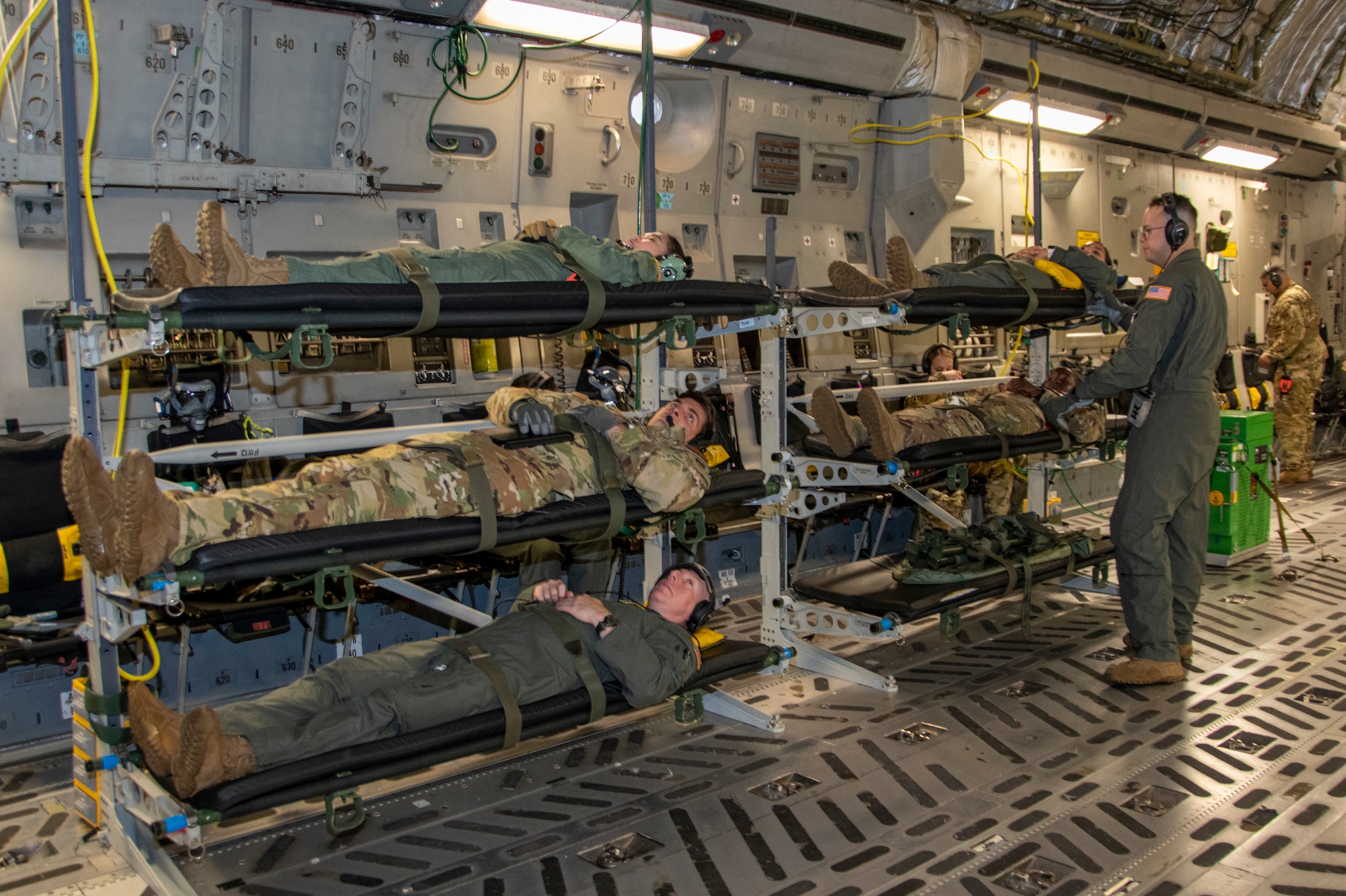Reserve Citizen Airmen from the 439th Aeromedical Evacuation Squadron, Westover Air Reserve Base, Massachusetts, conduct readiness training, including medical operations before, during and after a flight on a C-17 Globemaster III aircraft, Sept. 11, 2022. The 326th Airlift Squadron, Dover Air Force Base, Del., provided the airlift for the 439th AES during the local sortie. (U.S. Air Force photo by Senior Airman Kalee Sexton)