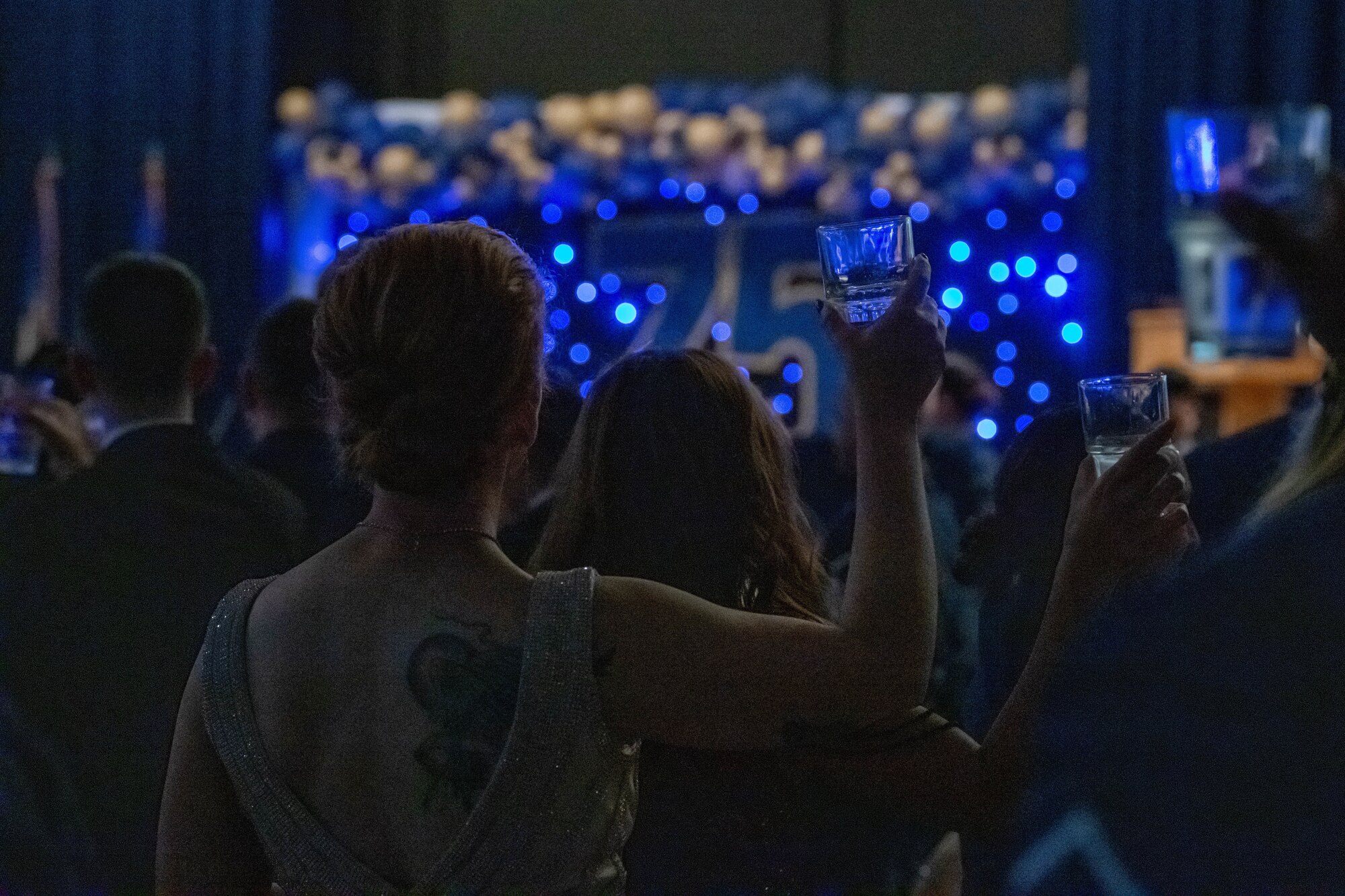 Attendees raise their glasses for a toast