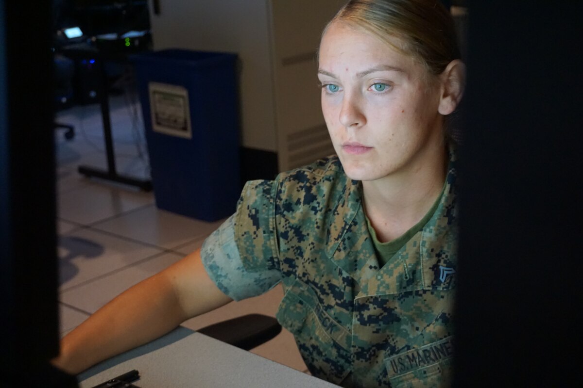 photo of US Military member sitting working at a computer