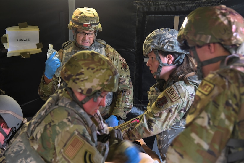 The 111th Medical Group provides aid to a simulated casualty during a readiness exercise on Friday, September 16, 2022 at Biddle Air National Guard Base. The readiness exercise took place from September 15 to September 17 and validated the Wing’s pre-deployment and deployment readiness capabilities.