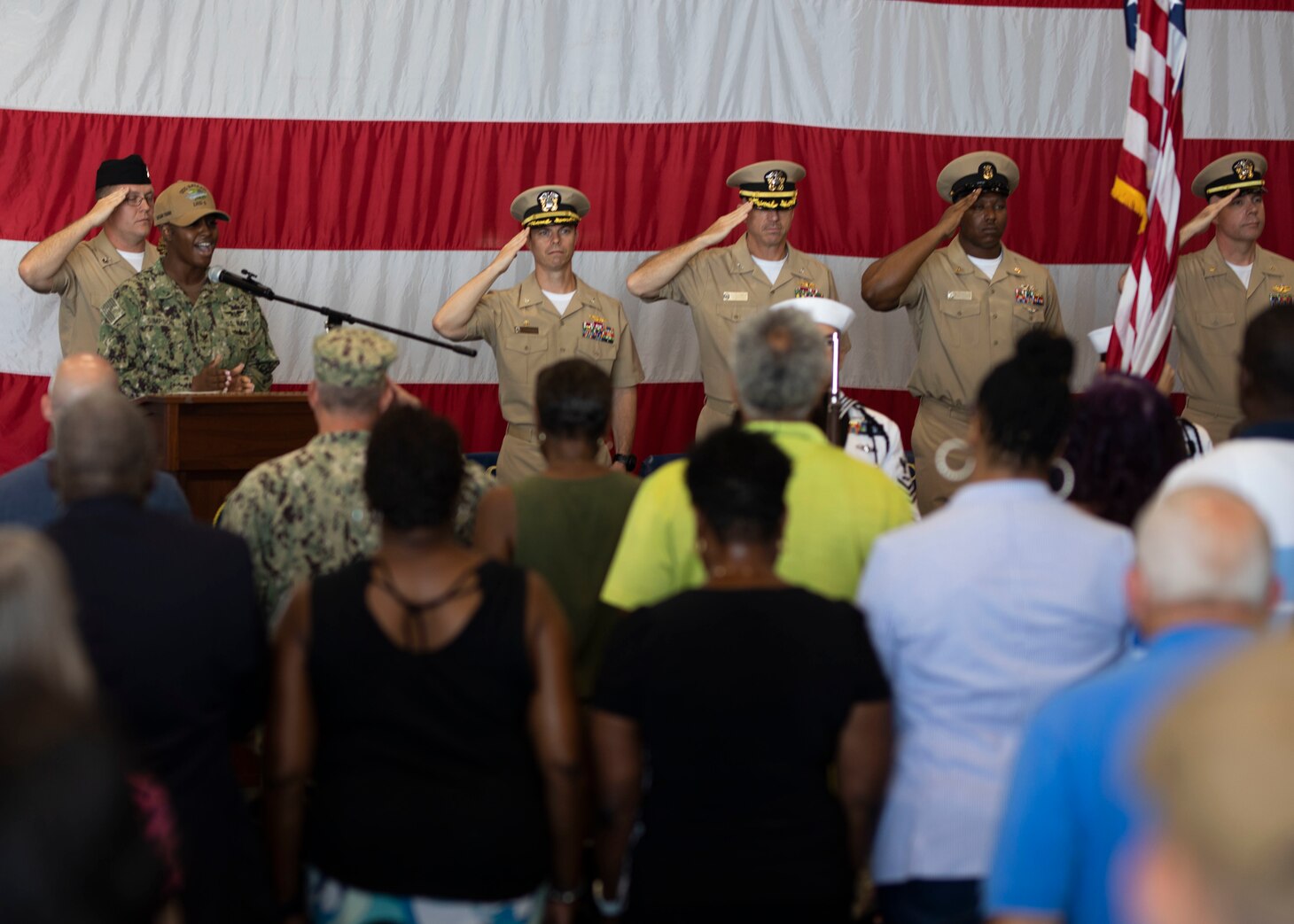 NORFOLK, Va. (Sept. 20, 2022) Aviation Ordinanceman 2nd Class Brittany Simpson, assigned to the Wasp-class amphibious assault ship USS Bataan (LHD 5), sings the National Anthem during the ship’s 25th birthday celebration, Sept. 20, 2022. Bataan is homeported at Naval Station Norfolk. (U.S. Navy photo by Mass Communications Specialist 2nd Class Darren Newell (U.S. Navy photo by Mass Communications Specialist 2nd Class Darren Newell)