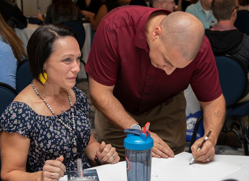 Two members from the 919th Special Operations Wing participate in an art activity.