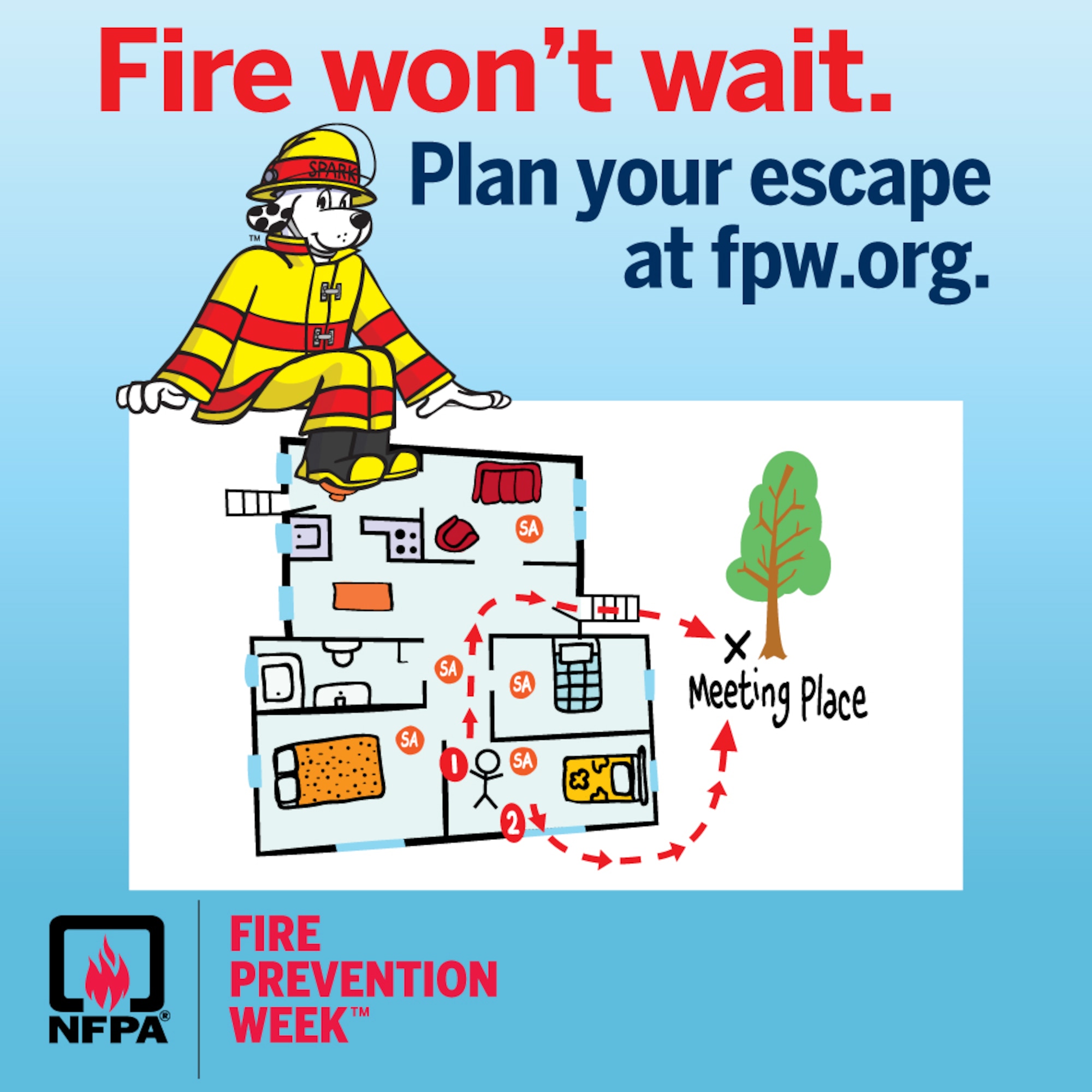 Fire Prevention Week, sponsored by the National Fire Protection Association, is Oct. 9-15. The theme of this year’s Fire Prevention Week campaign is “Fire won’t wait. Plan your escape.” Arnold Air Force Base Fire and Emergency Services officials are urging base personnel to develop fire escape plans for their homes, maintain their residential smoke alarms and familiarize themselves with fire evacuation procedures for their respective work areas. (Courtesy graphic)