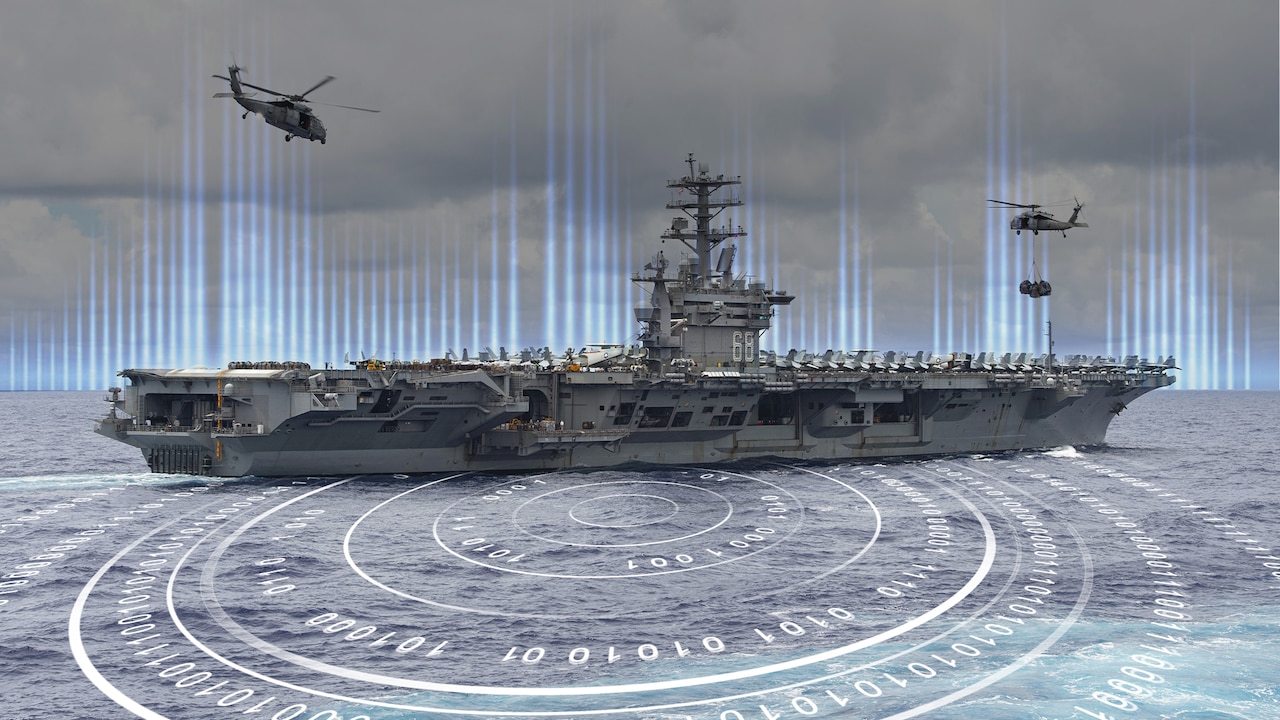 An illustration depicting two helicopters hovering over an aircraft carrier at sea is shown.