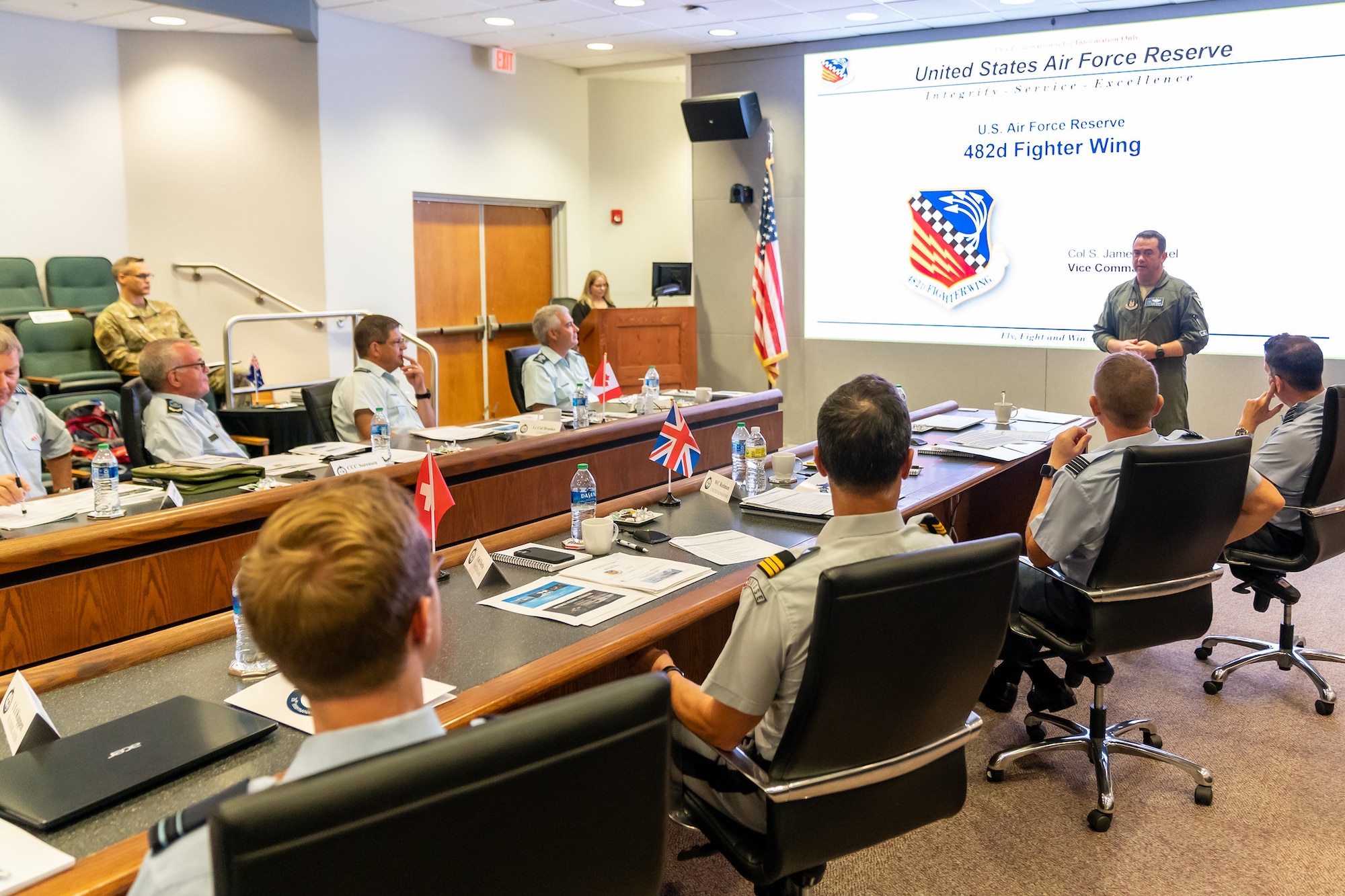 Col. S. James Frickel, 482nd Fighter Wing Vice Commander, gives a mission brief to the representatives during the 26th annual International Air Reserve Symposium September 14, 2022 at Homestead Air Reserve Base, Florida. (U.S. Air Force photo by Tech. Sgt. Lionel Castellano)