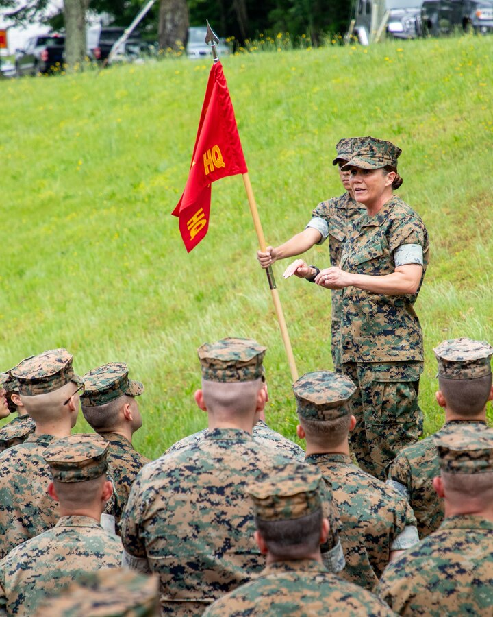 U.S. Marine Corps Sgt. Maj. Jacqueline Y. Townsel, sergeant major, Security Battalion, briefs Marines with Headquarters Company and Service Company at Butler Stadium, Marine Corps Base Quantico, Virginia, May 25, 2022. This is the first battalion-wide formation held by Security Battalion since the Covid-19 pandemic began and was held to brief future events regarding the battalion. (U.S. Marine Corps photo by Lance Cpl. Caden Phillips)