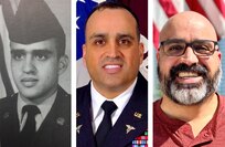 Pete Ramos is pictured in several stages of his more than 25 years service to the U.S. Army. From left, Ramos is pictured as a new enlistee in 1988, as a lieutenant colonel just before his active-duty retirement in 2018, and as a current civilian employee at U.S. Army Medical Logistics Command.