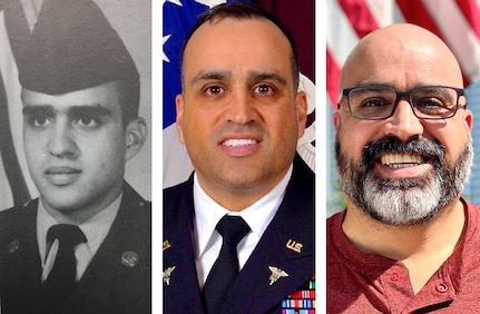Pete Ramos is pictured in several stages of his more than 25 years service to the U.S. Army. From left, Ramos is pictured as a new enlistee in 1988, as a lieutenant colonel just before his active-duty retirement in 2018, and as a current civilian employee at U.S. Army Medical Logistics Command.