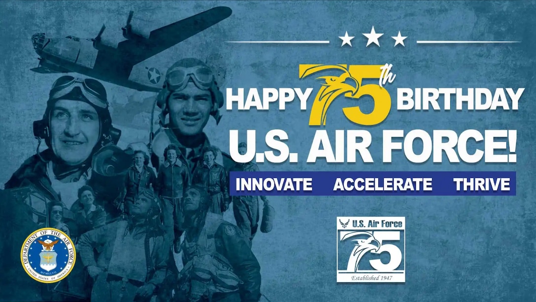 Graphic with flying aces embedded in a blue background with 75th anniversary symbols and logos.