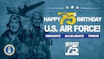 Graphic with flying aces embedded in a blue background with 75th anniversary symbols and logos.
