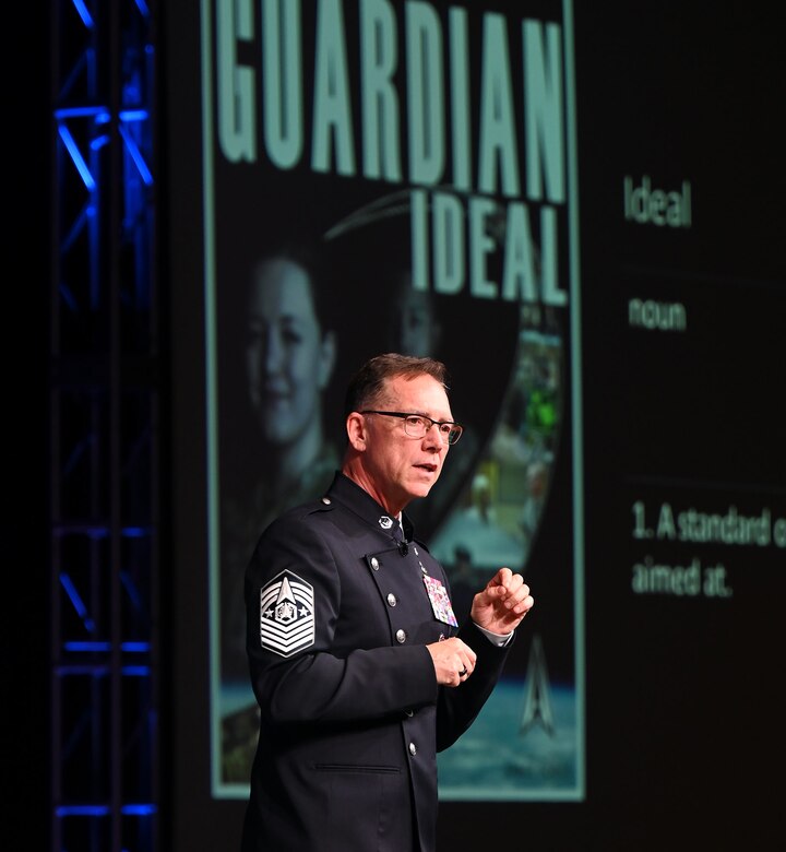 Chief Master Sergeant of the Space Force Roger Towberman discusses the future of Guardians at the 2022 Air Force Association Air, Space and Cyber Conference, National Harbor, Md., Sept 20, 2022. (Air Force photo by Andy Morataya)