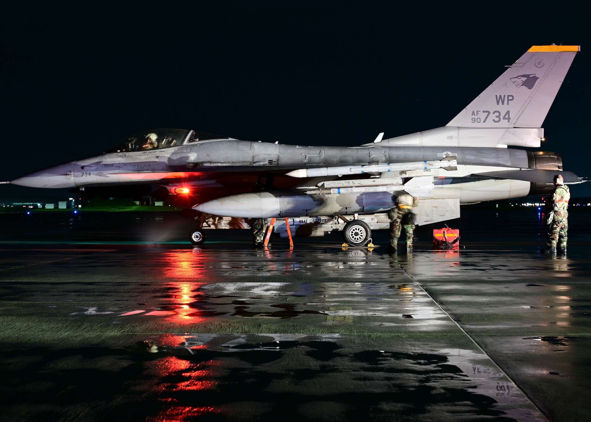 U.S. Air Force Airmen from the 80th Fighter Generation Squadron (FGS) respond to a simulated hung munition on an F-16 Fighting Falcon during a training event at Kunsan Air Base, Republic of Korea, Sept. 13, 2022. Airmen from the 80th FGS are responsible for maintaining and repairing all aspects of the aircraft to ensure it remains ready to fight tonight. (U.S. Air Force photo by Staff Sgt. Isaiah J. Soliz)