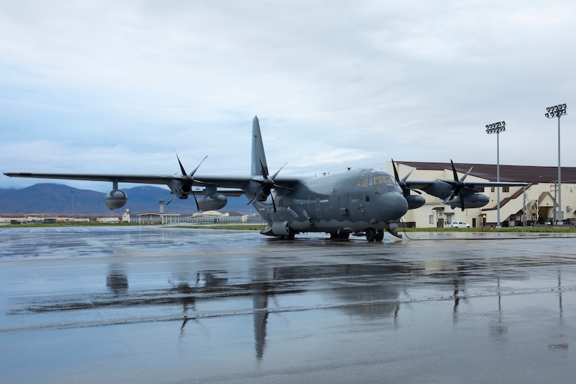 An HC-130J Combat King II readies for take-off to transport Alaska Army National Guardsmen to Bethel, Alaska, Sept. 21, 2022. Approximately 100 members of the Alaska Organized Militia, which is comprised of the Alaska National Guard, Alaska State Defense Force and Alaska Naval Militia, were activated following a disaster declaration issued Sept. 17 after the remnants of Typhoon Merbok caused dramatic flooding across more than 1,000 miles of Alaskan coastline. (Alaska National Guard photo by Victoria Granado)