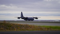 Members of Joint Task Force – Alaska arrive in Bethel for disaster relief response Sept. 21, 2022, via a HC-130J Combat King II aircraft from the 176th Wing’s 211th Rescue Squadron. Approximately 100 service members from the Alaska National Guard, Alaska State Defense Force and Alaska Naval Militia were activated following a disaster declaration issued Sept. 17 after the remnants of Typhoon Merbok caused dramatic flooding across more than 1,000 miles of Alaskan coastline. A JTF in Nome is standing up concurrently as part of Operation Merbok Response. (Alaska National Guard photo by Dana Rosso)