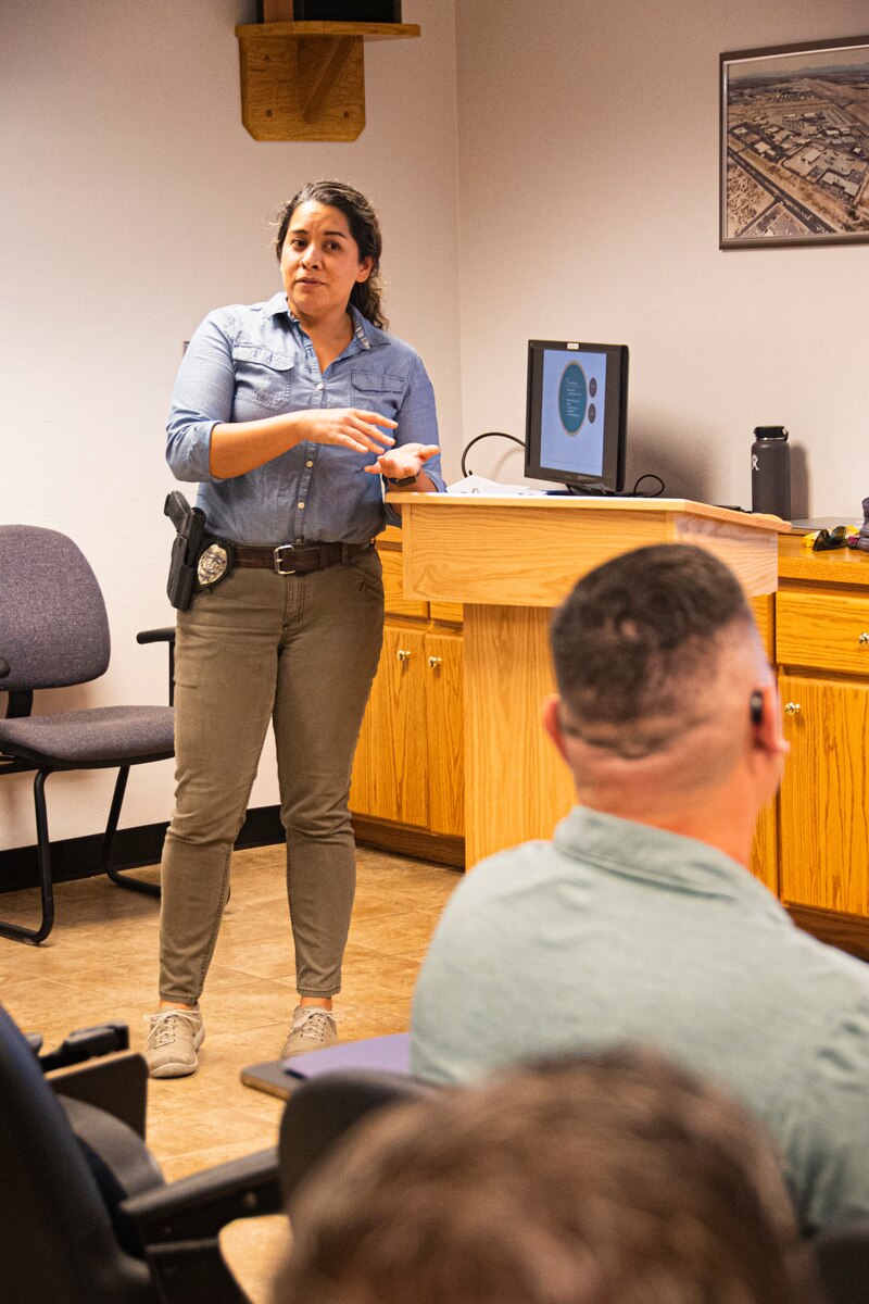 Maj. Mary Hook, a drill-status Public Affairs Officer with the 162nd Wing, also a detective with the Tucson Police Department’s Adult Sexual Crimes Unit, presents information to Victim Advocates during refresher training at Morris Air National Guard Base, Tucson, Arizona. (U.S. Air National Guard photo by Staff Sgt. Van C. Whatcott)