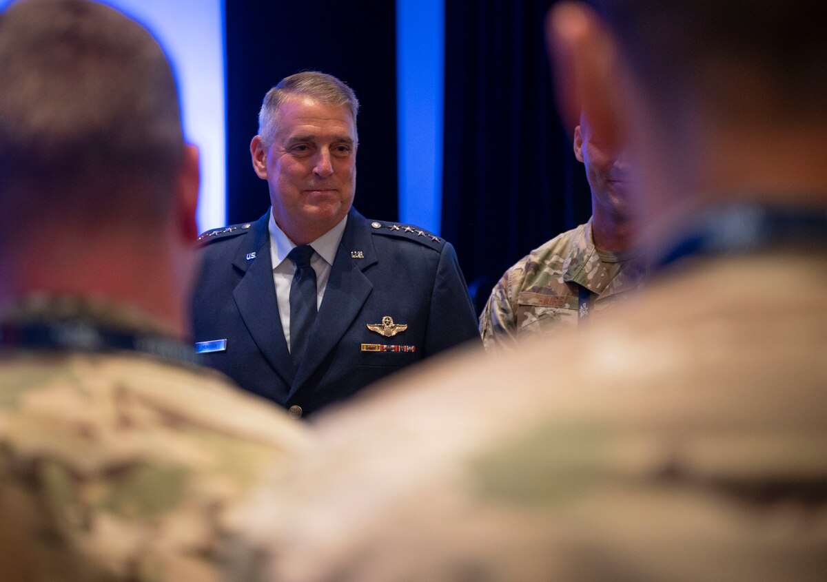 Gen. Mike Minihan, commander of Air Mobility Command, presents the Mobility Manifesto at the 2022 Air, Space & Cyber Conference in Oxon Hill, Maryland, Sept 21, 2022. During the speech he laid out the role of the mobility air forces in projecting, connecting, maneuvering and sustaining the joint force, as well as the consequences if mobility fails. (U.S. Air Force photo by Tech. Sgt. Zachary Boyer)