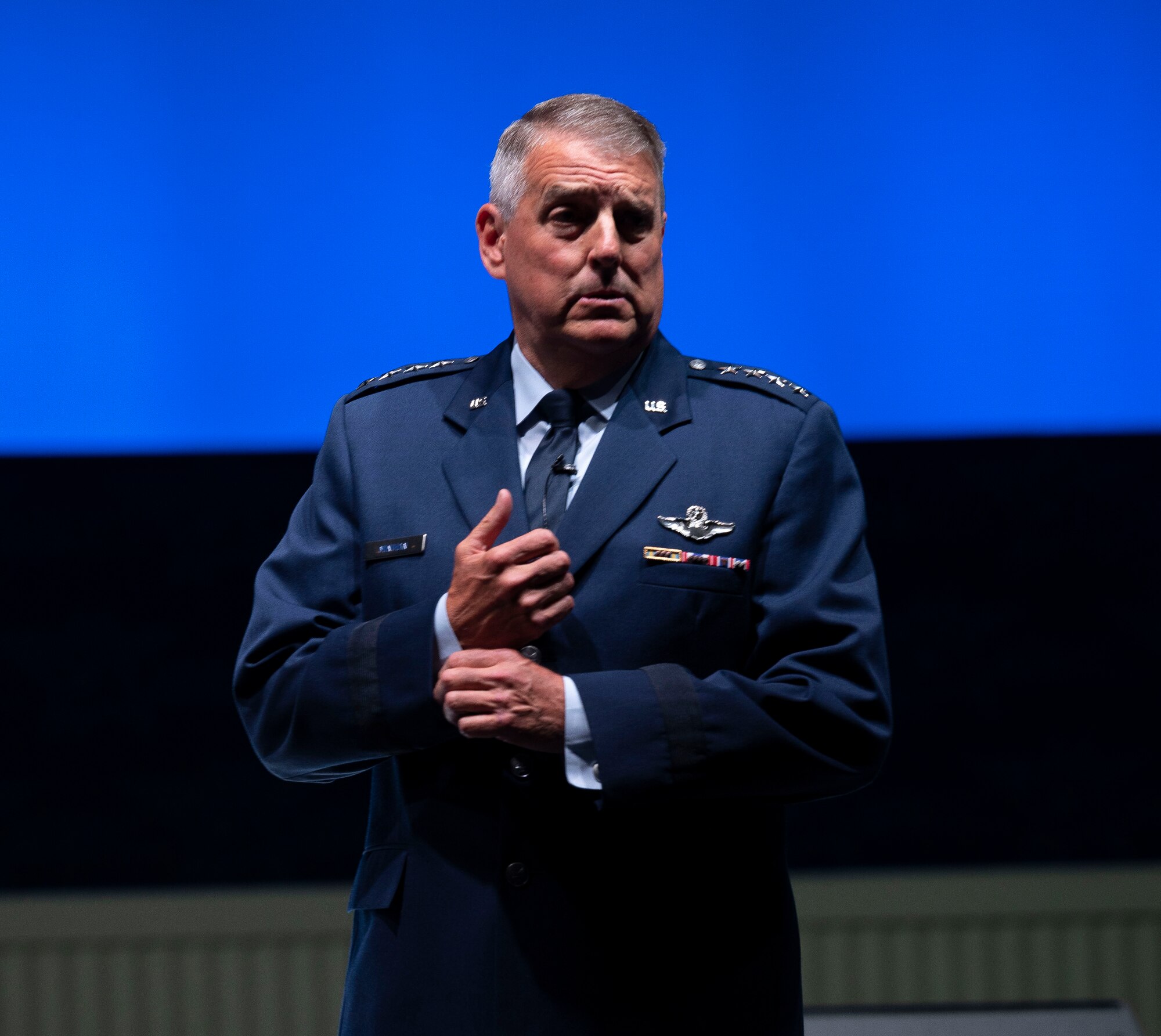 Gen. Mike Minihan, commander of Air Mobility Command, presents the Mobility Manifesto at the 2022 Air, Space & Cyber Conference in Oxon Hill, Maryland, Sept 21, 2022. During the speech he laid out the role of the mobility air forces in projecting, connecting, maneuvering and sustaining the joint force, as well as the consequences if mobility fails. (U.S. Air Force photo by Tech. Sgt. Zachary Boyer)