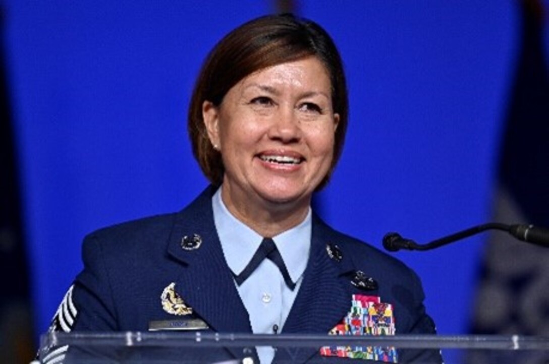 Chief Master Sgt. of the Air Force JoAnne S. Bass delivers a keynote address, “Airmen: Yesterday, Today, Tomorrow,” during the 2022 Air, Space and Cyber Conference in National Harbor, Md., Sept. 21, 2022. Bass, who represents the highest enlisted level of leadership, took pride in introducing the “The Joint Team,” commonly known as the Purple Book, which aims to help Airmen become better joint-minded service members. (U.S. Air Force photo by Eric Dietrich)