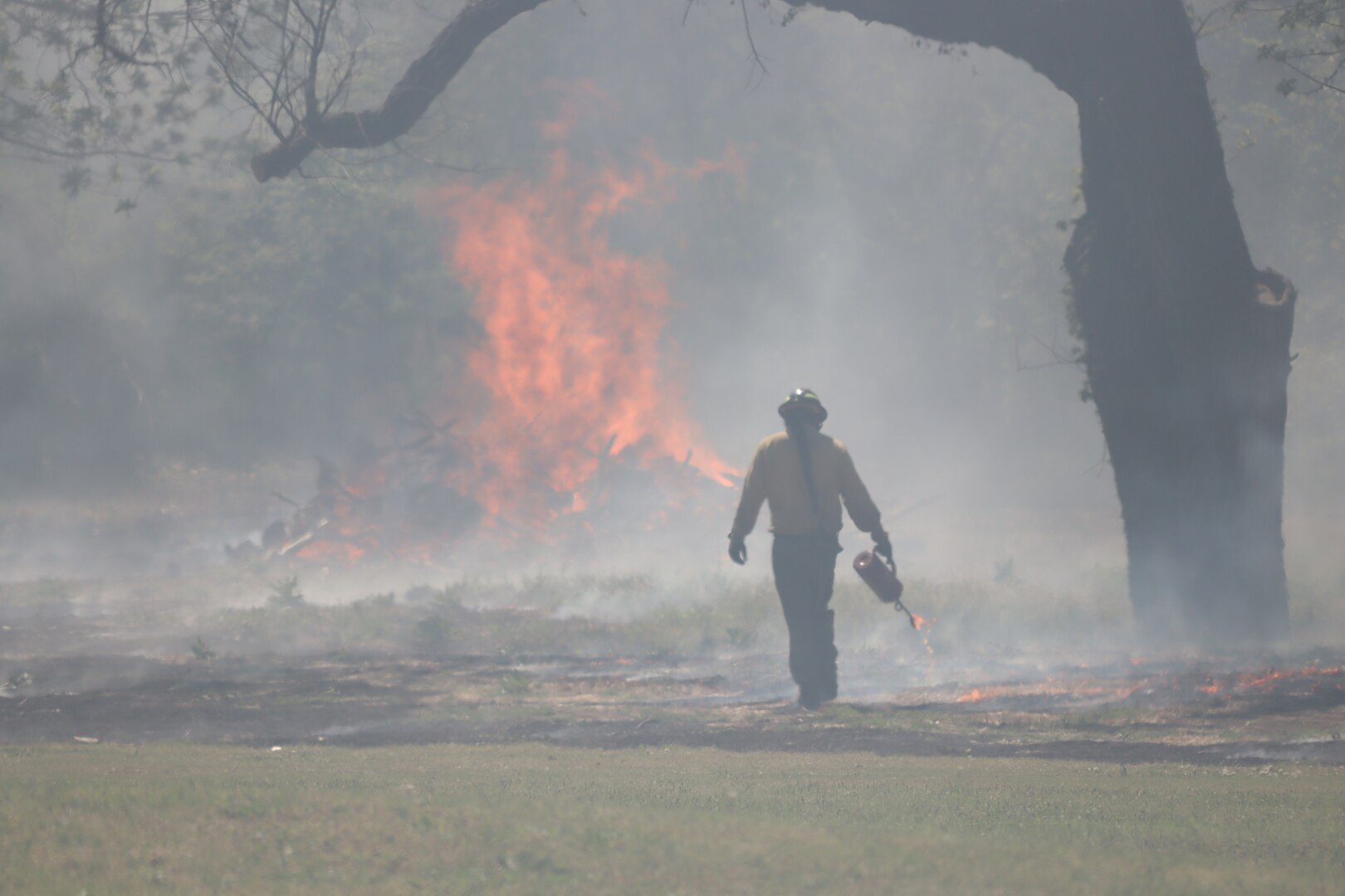 firefighter starts prescribed burn
