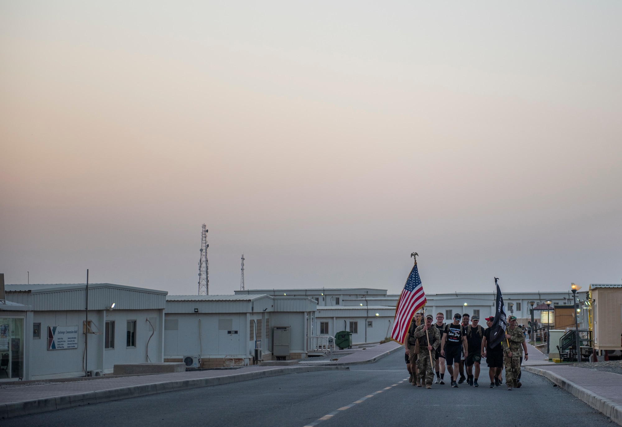 Members from the 386 Air Expeditionary Wing marched throughout the evening at Ali Al Salem Air Base, Kuwaiti, 11 Sept. 2022 in remembrance of those lost on Sept. 11, 2001. Members from multiple branches of service and coalition teammates from throughout the world took part in the 24-hour march. (U.S. Air Force photo by Senior Master Sgt. David Salanitri)