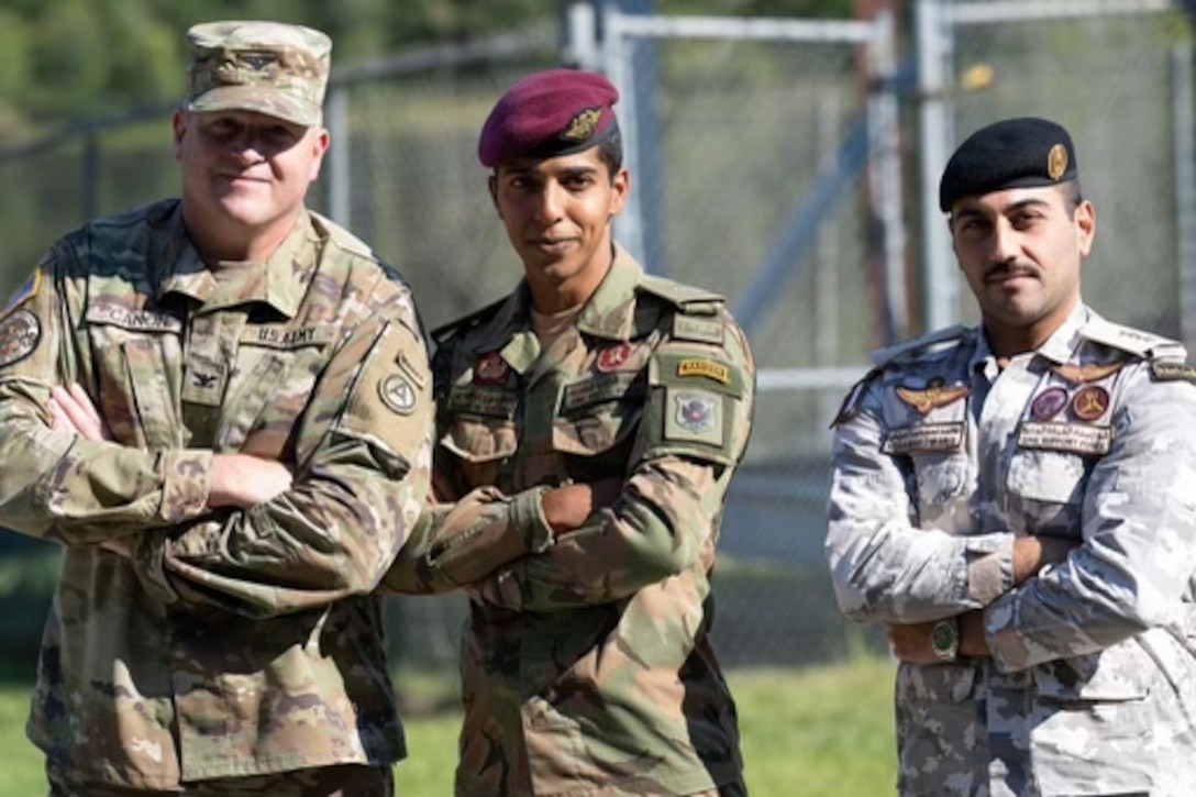 2nd Lt. Khalid M. Alkorbi (center), Qatari Joint Special Forces, graduated from U.S. Army Ranger School at Fort Benning, Georgia, September 16, 2022. He is the second soldier from Qatar to complete the elite course and earn the Ranger ta