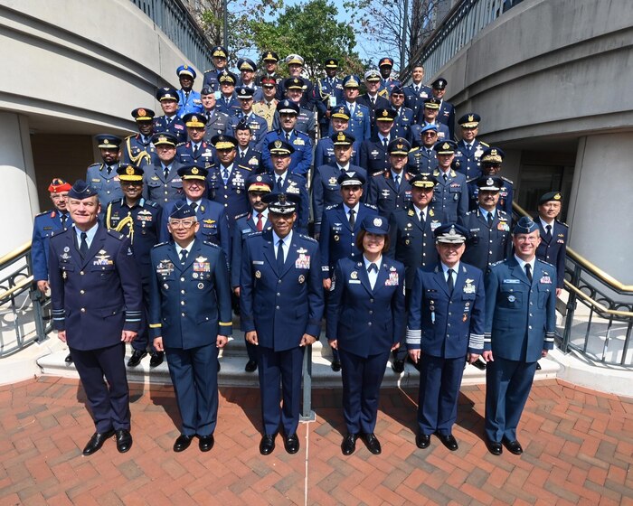 Air Force Chief of Staff Gen. CQ Brown, Jr., first row, third from left, hosts air chiefs from 49 air forces for a U.S. Air Force-hosted International Air Chiefs Conference in Washington, D.C., Sept. 15-17, 2022. The gathering exemplified the Air Force’s ongoing efforts to strengthen relationships with allies and partners through meaningful conversation and information exchange. (U.S. Air Force photo by Andy Morataya)
