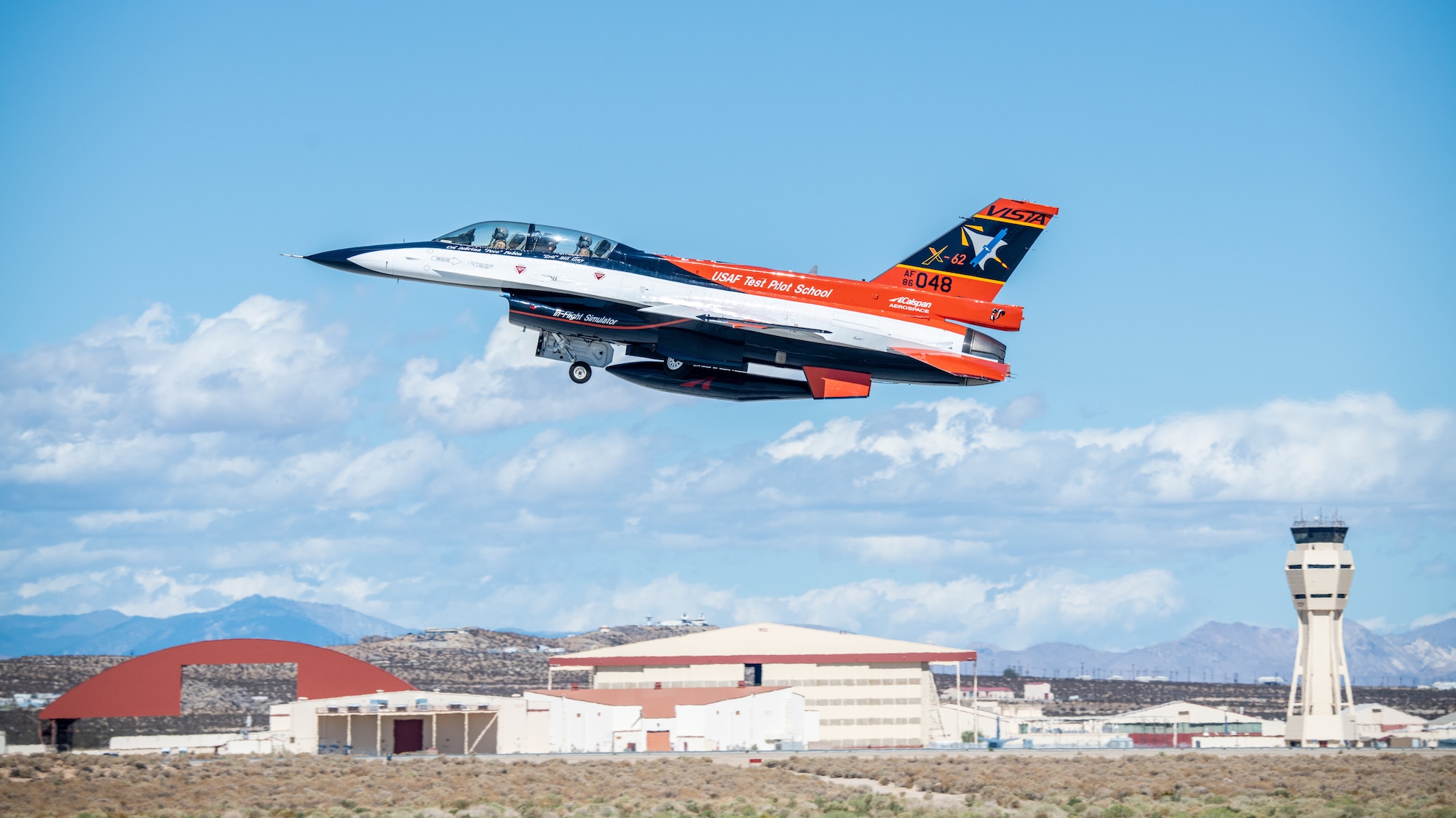 The X-62 VISTA (Variable In-Flight Simulator Test Aircraft) successfully completed it's first flight test of the new VISTA Simulation System (VSS) at Edwards Air Force Base, California, Sept. 20. The VSS is instrumental in the process to get the aircraft and it's simulation systems operational to begin testing the VISTA's System for Autonomous Control Simulation (SACS) in the coming months. The VISTA's successful flight is a direct reflection on the long hours of work by the Calspan, Lockheed Martin ADP, and USAF Test Pilot School development and test teams. (Air Force photo by Giancarlo Casem)