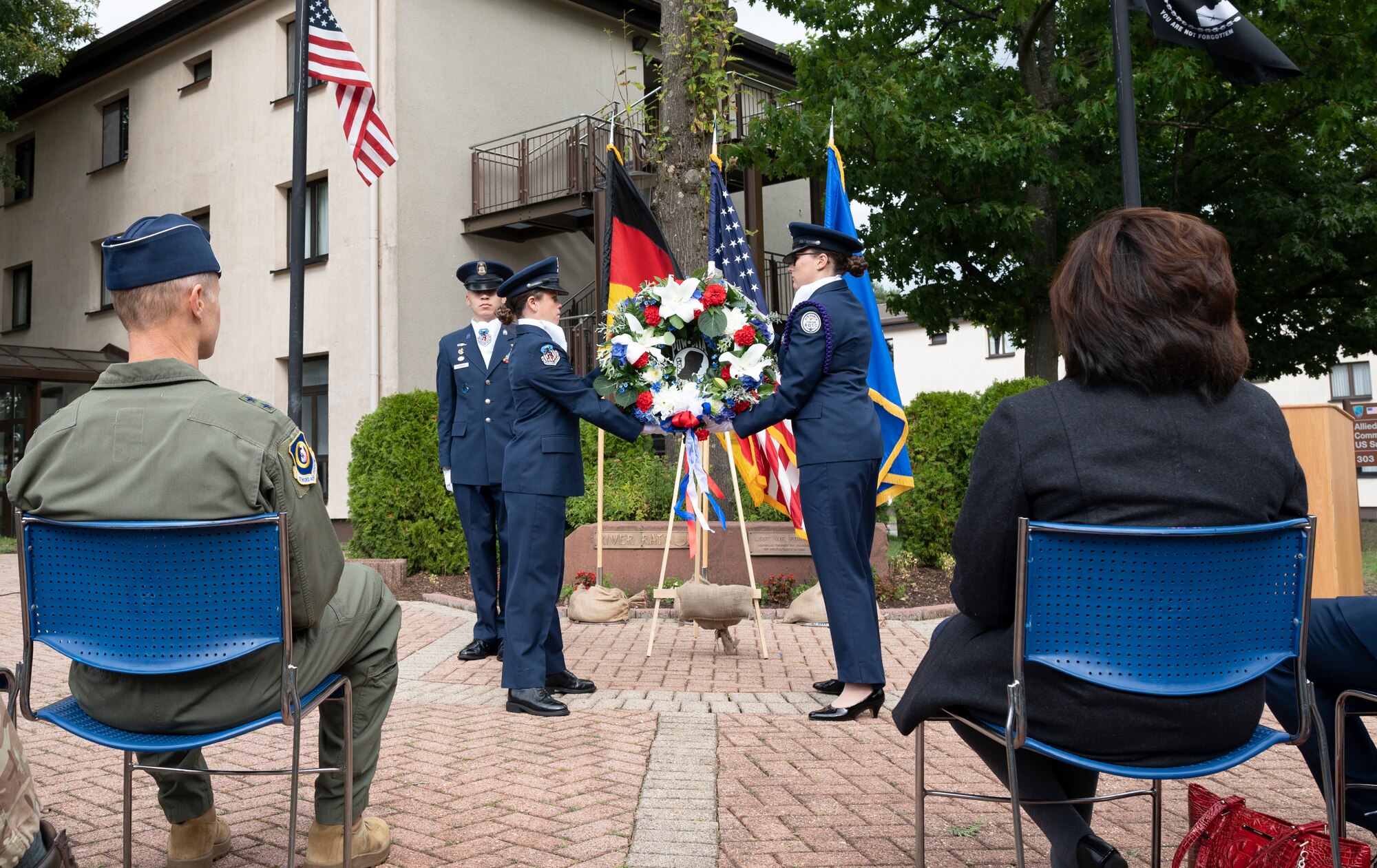 A wreath is laid at the River Rats memorial during a memorial ceremony at Ramstein Air Base, Germany, Sept. 16, 2022.