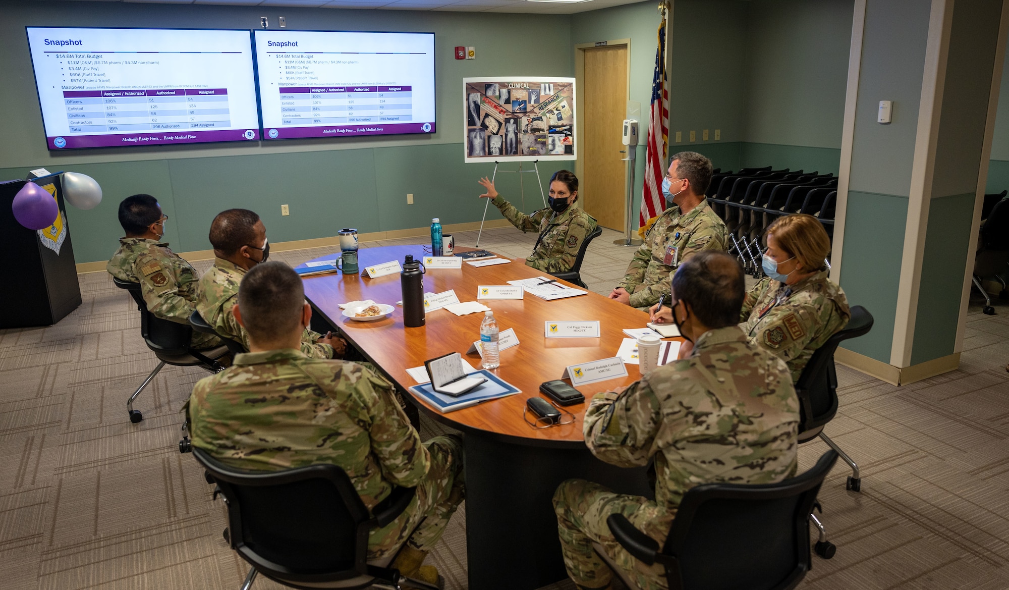 Col. Rudolph Cachuela, Air Mobility Command surgeon general, receives a briefing by 436th Medical Group leadership during his visit to Dover Air Force Base, Delaware, Sept. 20, 2022. Cachuela toured the 436th MDG, Air Force Mortuary Affairs Operations and Bedrock Innovation Lab. (U.S. Air Force photo by Senior Airman Cydney Lee)