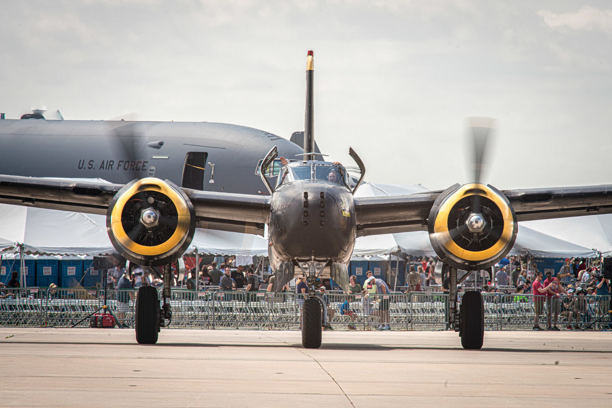 An A-26 Invader aircraft taxis after a performance during the Speed of Sound Airshow at Rosecrans Memorial Airport in St. Joseph, Missouri, May 2, 2020. The air show was hosted by the 139th Airlift Wing, and city of St. Joseph to thank the community for their support. The air show committee estimated around 30,000 people attended during the weekend performances in which the United States Air Force Thunderbirds Air Demonstration Squadron were featured. (U.S. Air National Guard photo by Tech. Sgt. Patrick Evenson)