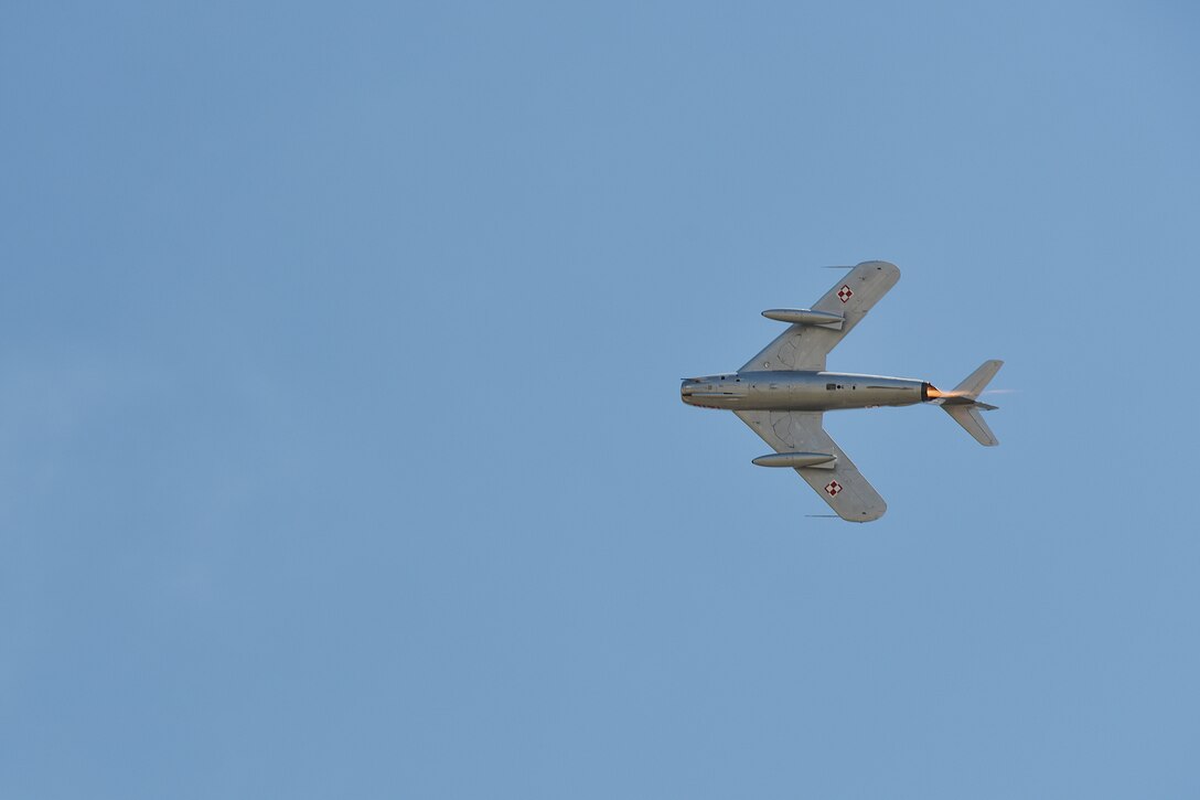 The MiG Fury Fighters perform a mock-up dogfight show July 13, 2019, the “Mission Over Malmstrom” open house event on Malmstrom Air Force Base, Mont. The team flies the world’s only airworthy North American Aviation FJ-4B Fury. (U.S. Air Force photo by Senior Airman Daniel Brosam)