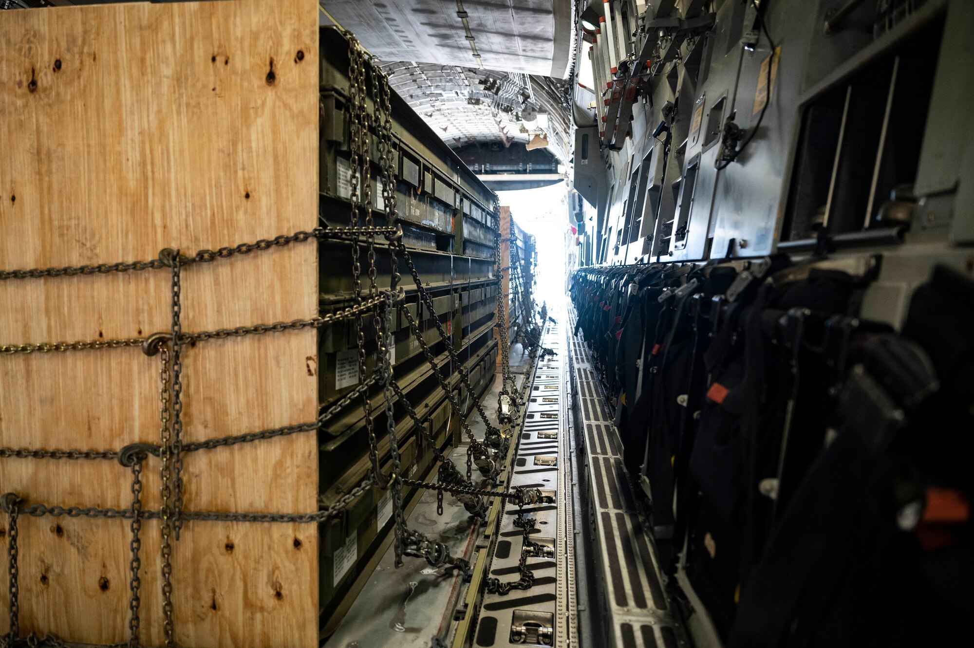 Weapons cargo bound for Ukraine sits on a C-17 Globemaster III during a security assistance mission at Dover Air Force Base, Delaware, Sept. 14, 2022. The Department of Defense is working with industry to increase production of certain capabilities to continue meeting the needs of Ukrainian forces, while ensuring the U.S. is ready to defend itself, our partners and allies. (U.S. Air Force photo by Staff Sgt. Marco A. Gomez)