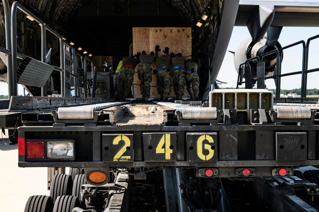 Weapons cargo bound for Ukraine is loaded onto a C-17 Globemaster III during a security assistance mission at Dover Air Force Base, Delaware, Sept. 14, 2022. Since 2014, the U.S. has committed more than $15.5 billion in security assistance to Ukraine under the Ukraine Security Assistance Initiative. (U.S. Air Force photo by Staff Sgt. Marco A. Gomez)